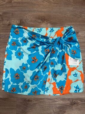 Women’s Floral Silk Skirt in Turquoise & Orange - Unbranded